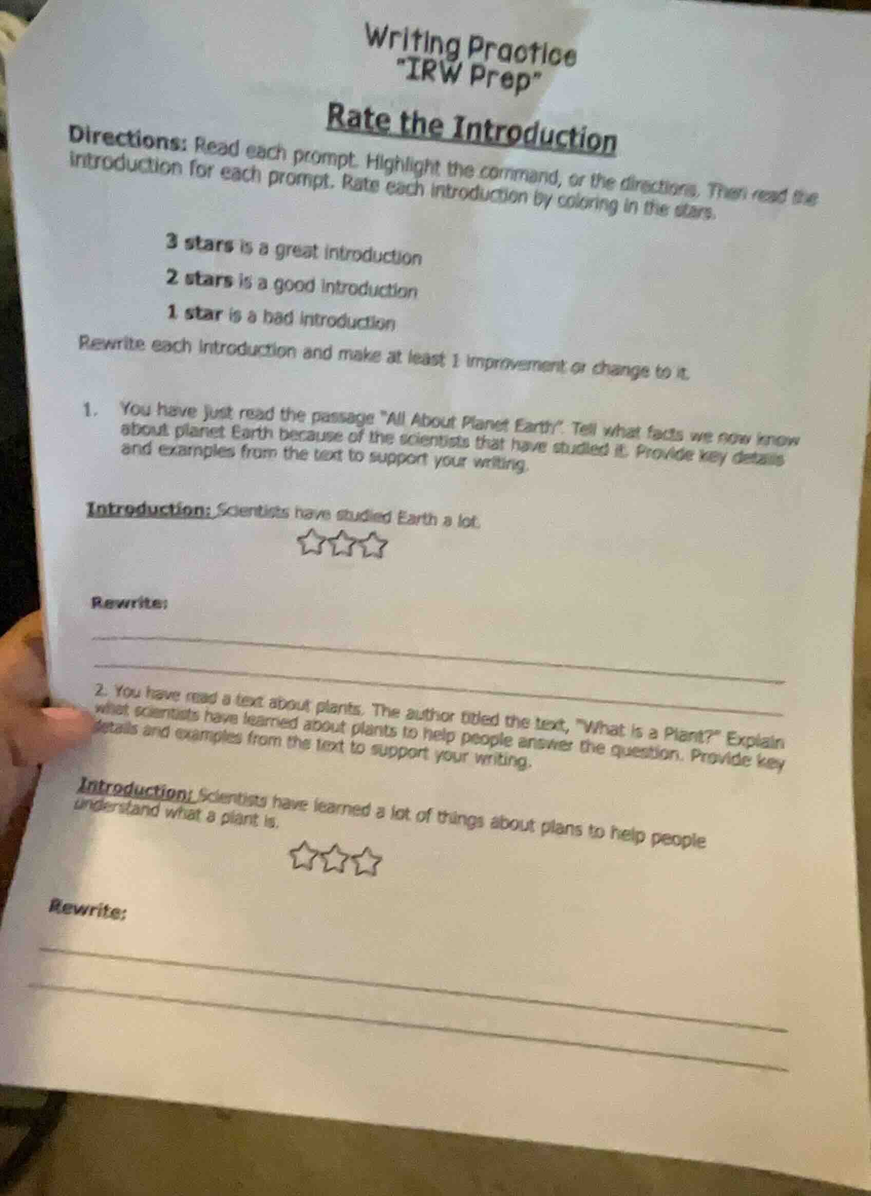 writing practice \irw prep\ rate the introduction directions: read each…
