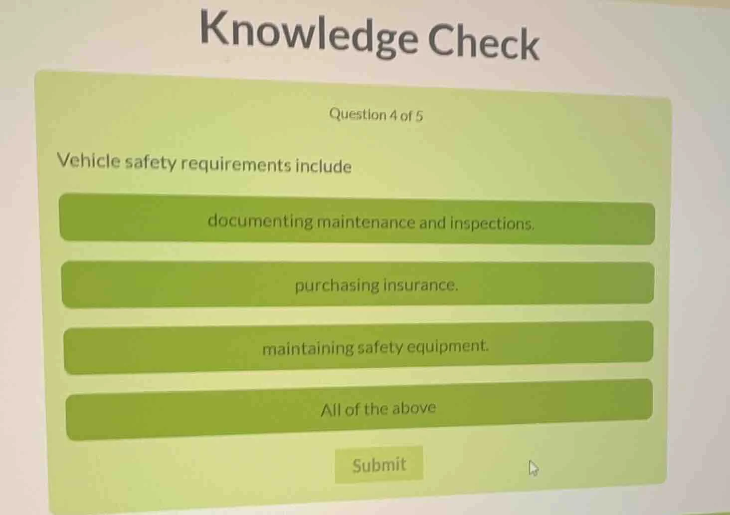 knowledge check question 4 of 5 vehicle safety requirements include doc…