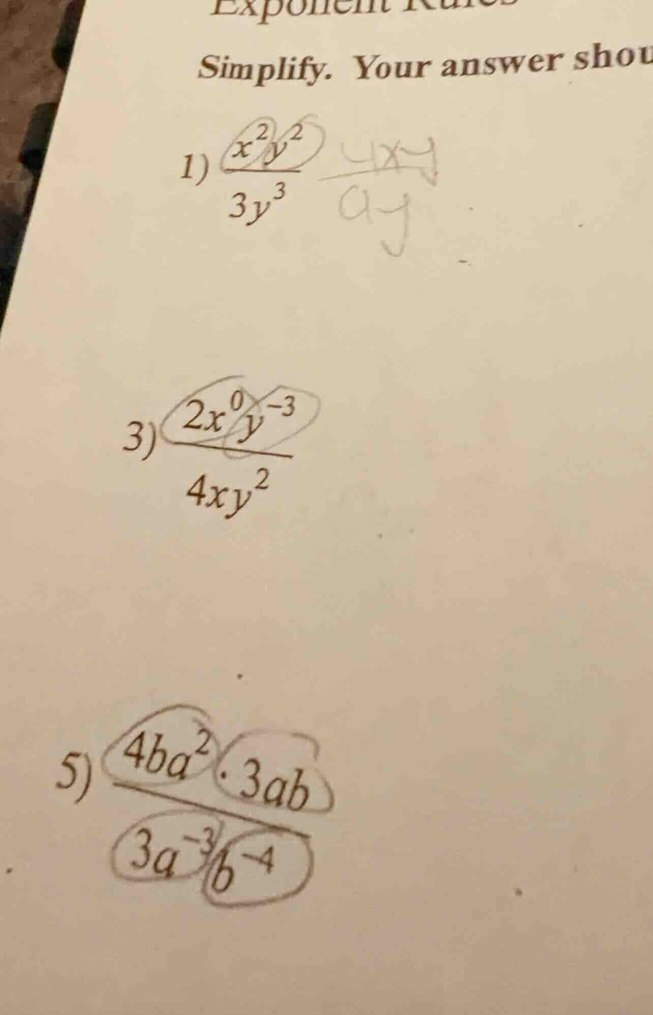 exponent rules simplify. your answer shou 1) \\(\\frac{x^2y^2}{3y^3}\\)…