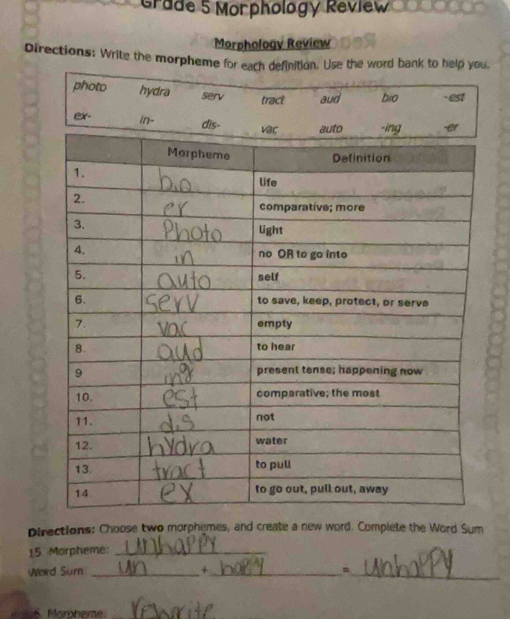 grade 5 morphology review morphology review directions: write the morph…