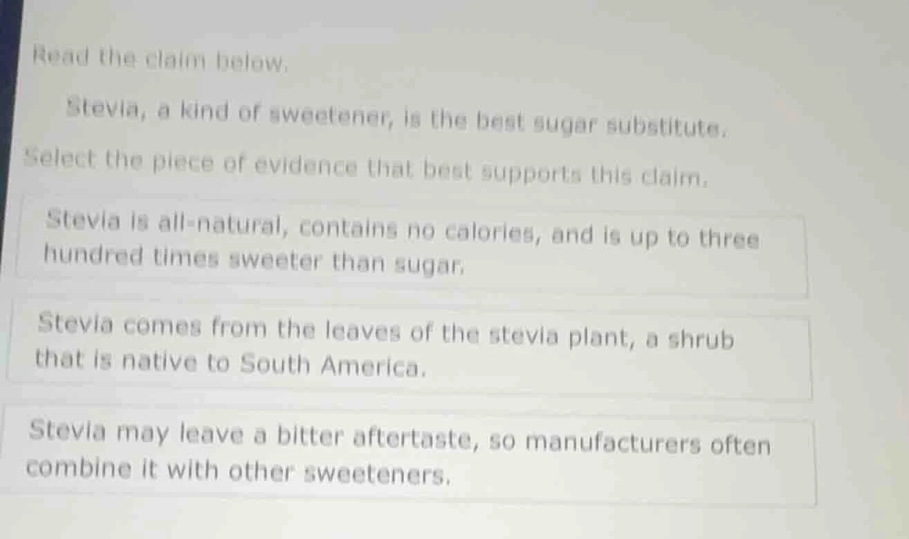 read the claim below. stevia, a kind of sweetener, is the best sugar su…