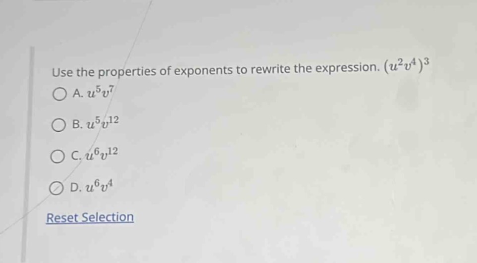 use the properties of exponents to rewrite the expression. $(u^{2}v^{4}…