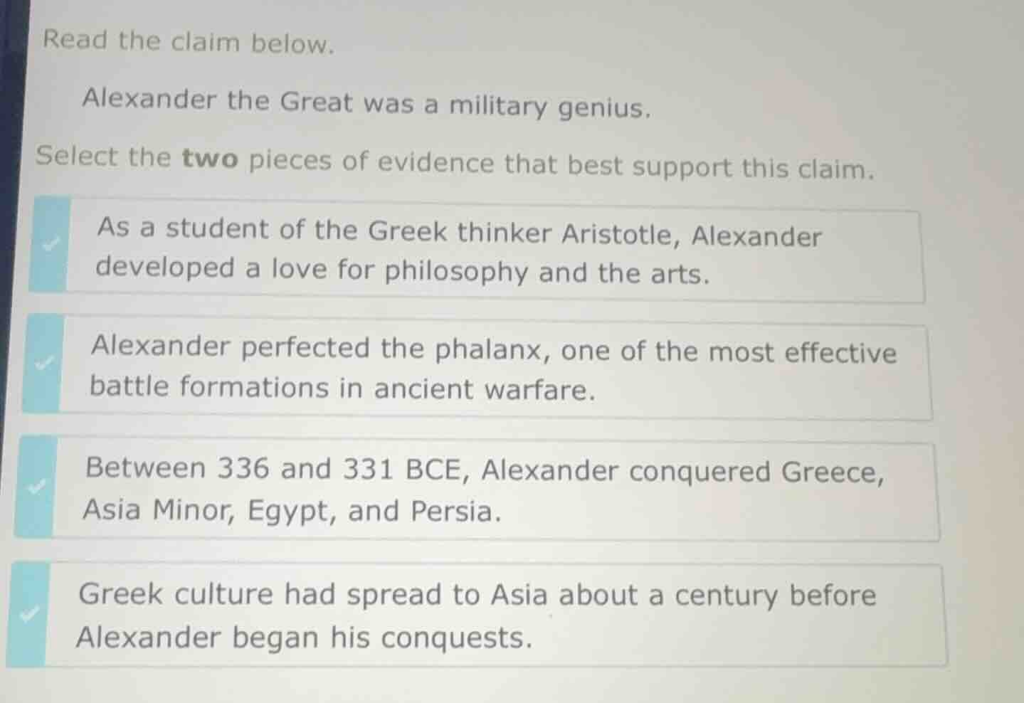 read the claim below. alexander the great was a military genius. select…