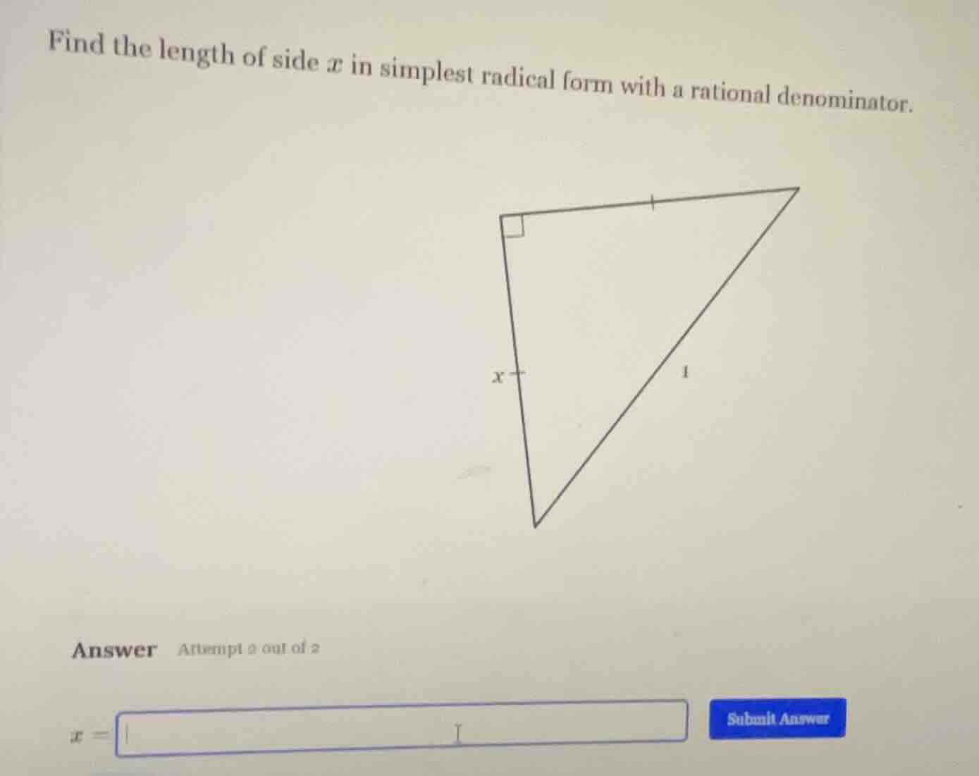 find the length of side ( x ) in simplest radical form with a rational …