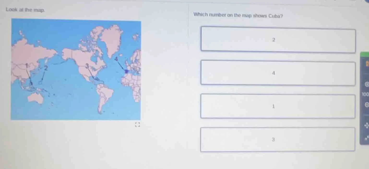 look at the map. which number on the map shows cuba? 2 4 1 3