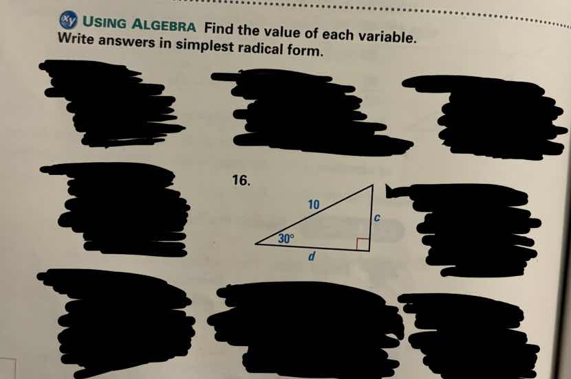 using algebra find the value of each variable. write answers in simples…