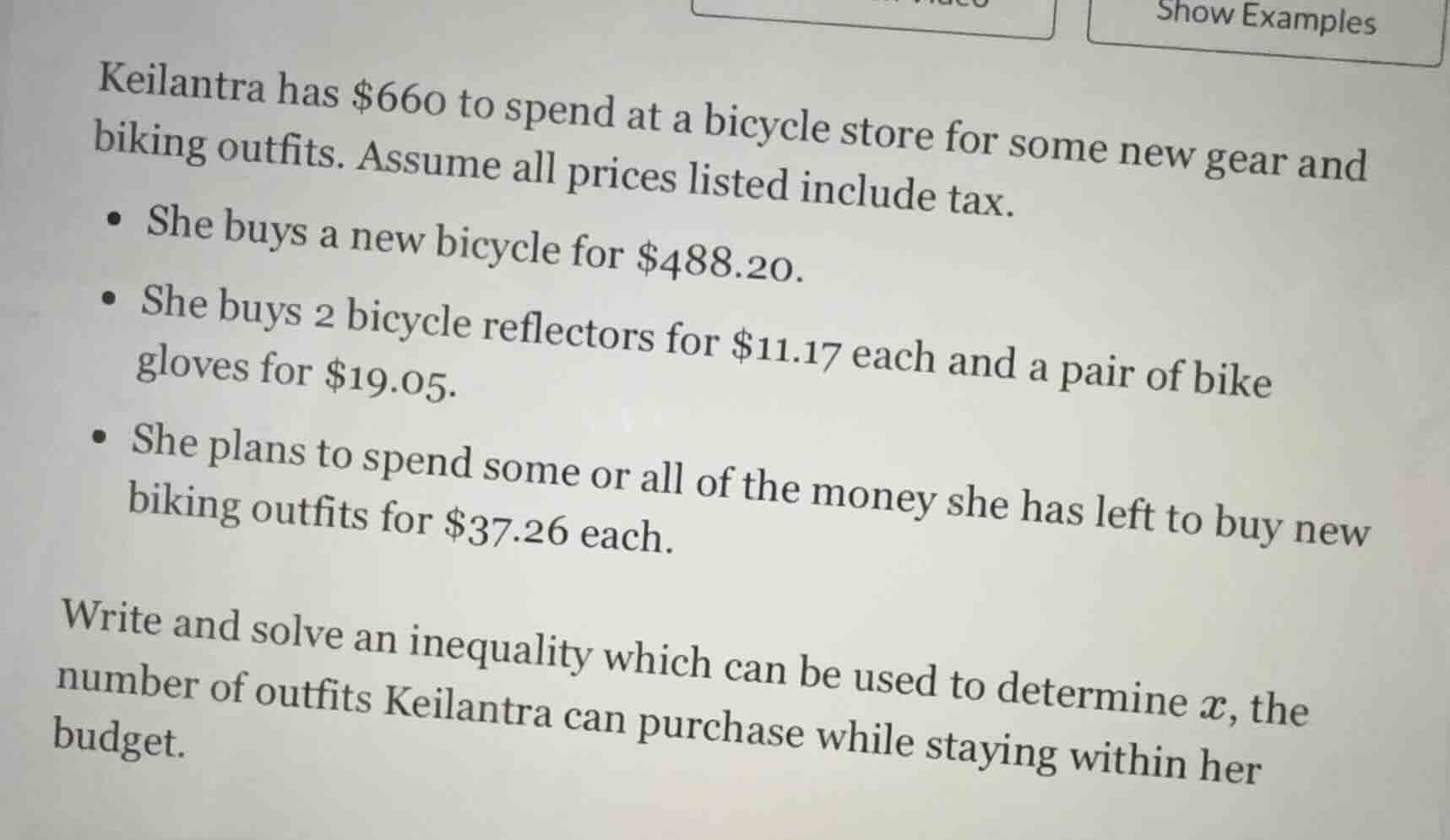 keilantra has $660 to spend at a bicycle store for some new gear and bi…