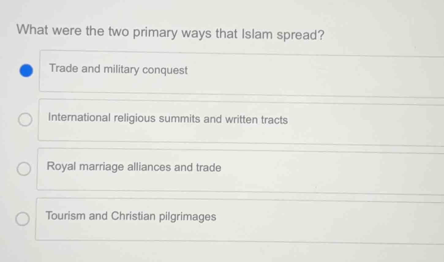 what were the two primary ways that islam spread? trade and military co…