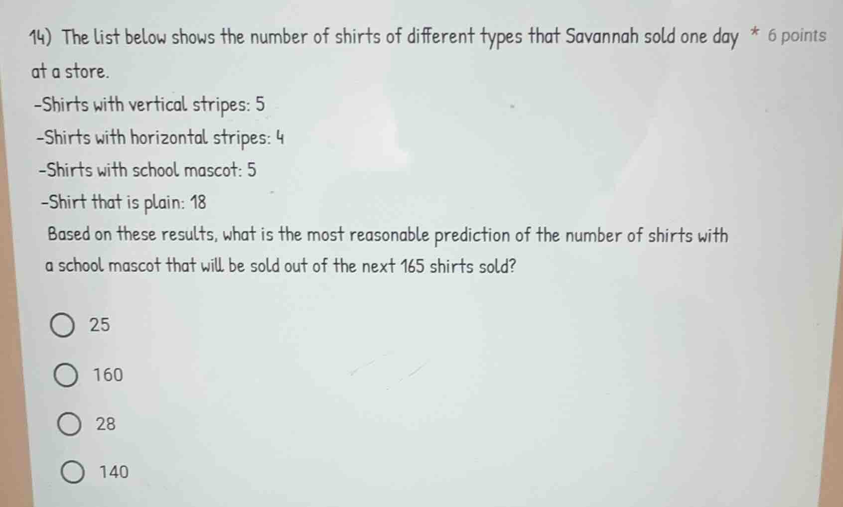 14) the list below shows the number of shirts of different types that s…