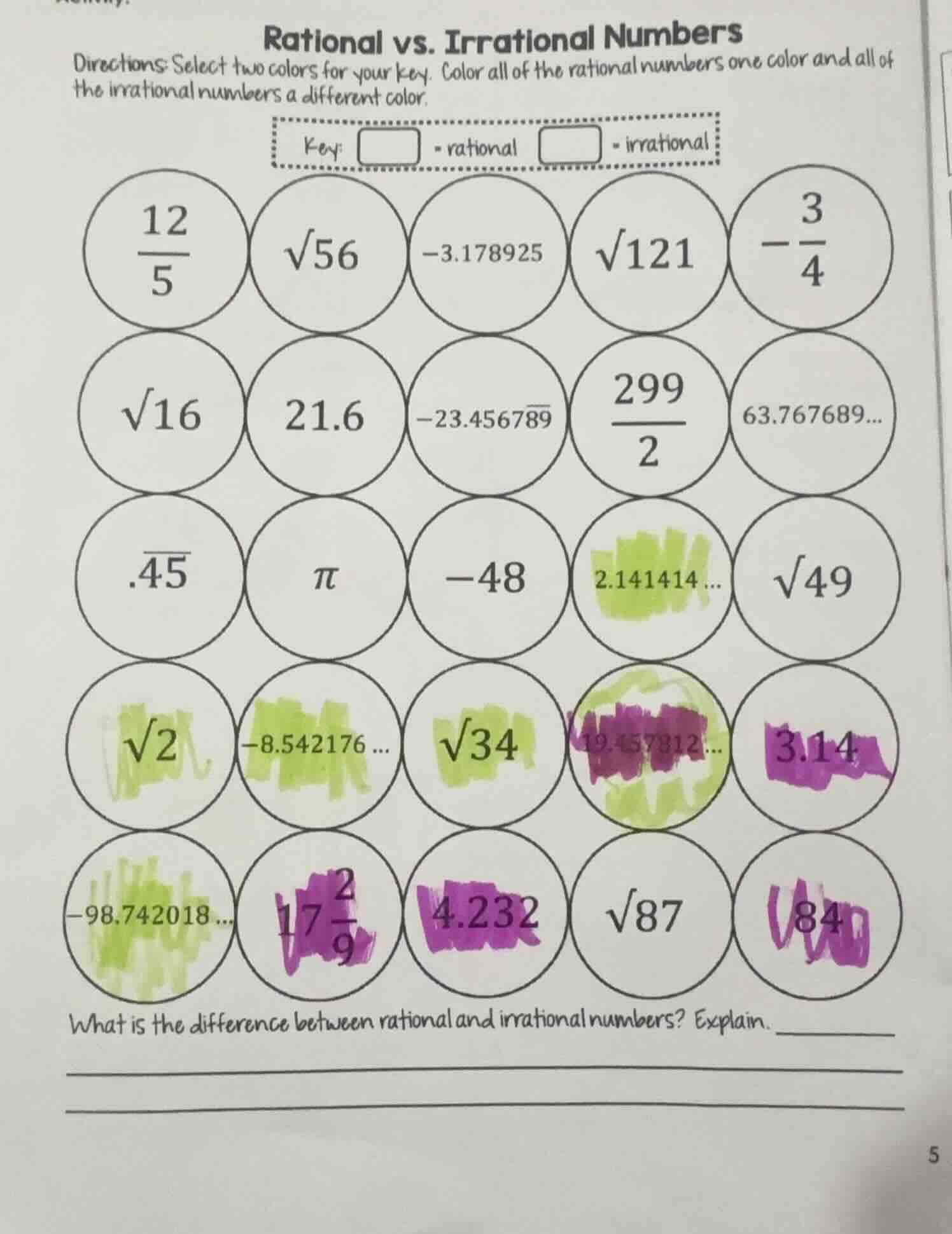 rational vs. irrational numbers directions: select two colors for your …