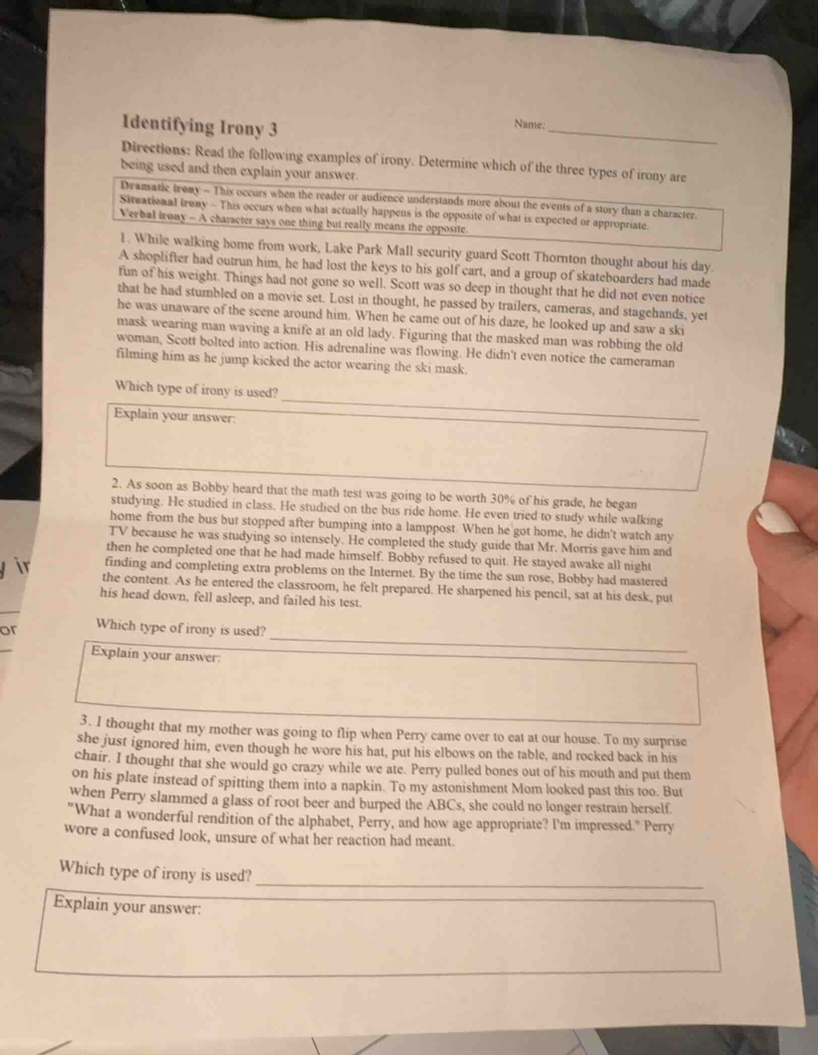 identifying irony 3 name: directions: read the following examples of ir…
