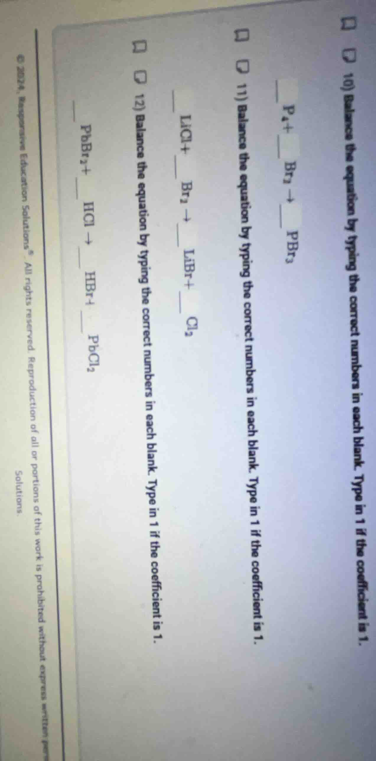 10) balance the equation by typing the correct numbers in each blank. t…