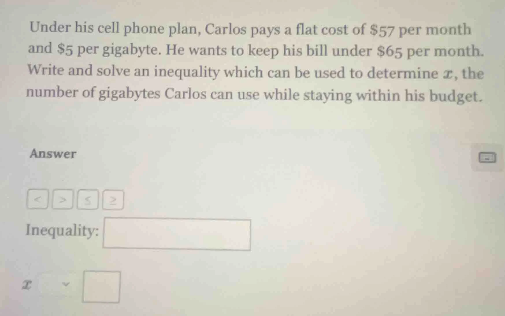under his cell phone plan, carlos pays a flat cost of $57 per month and…