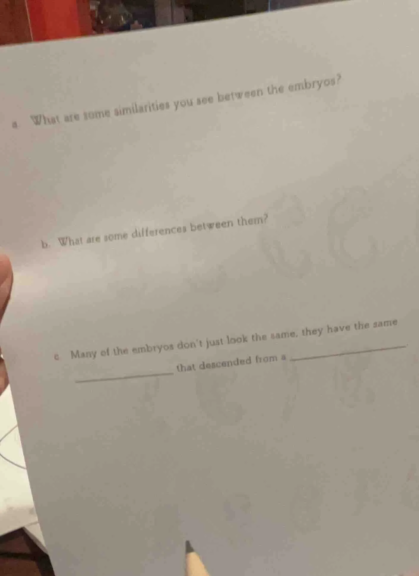 a. what are some similarities you see between the embryos? b. what are …