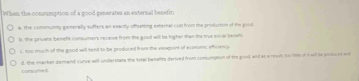 when the consumption of a good generates an external benefit: a. the co…