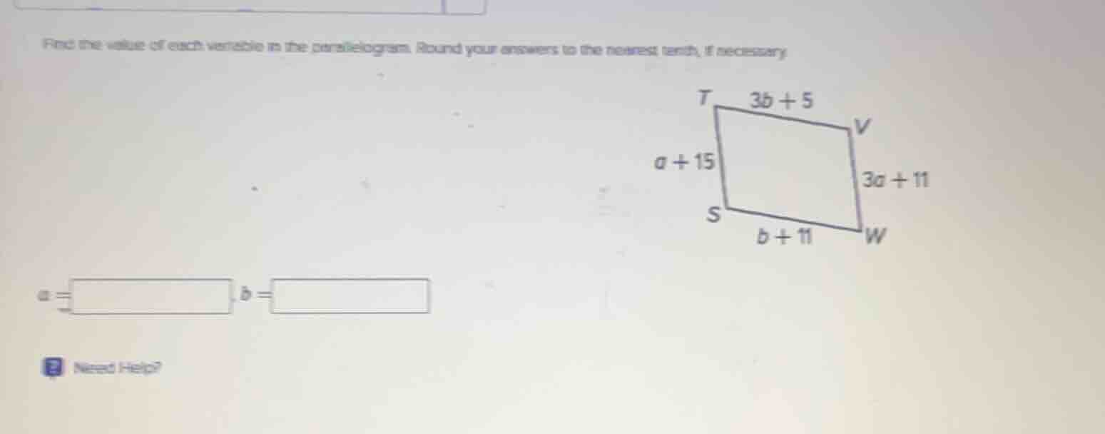 find the value of each variable in the parallelogram. round your answer…