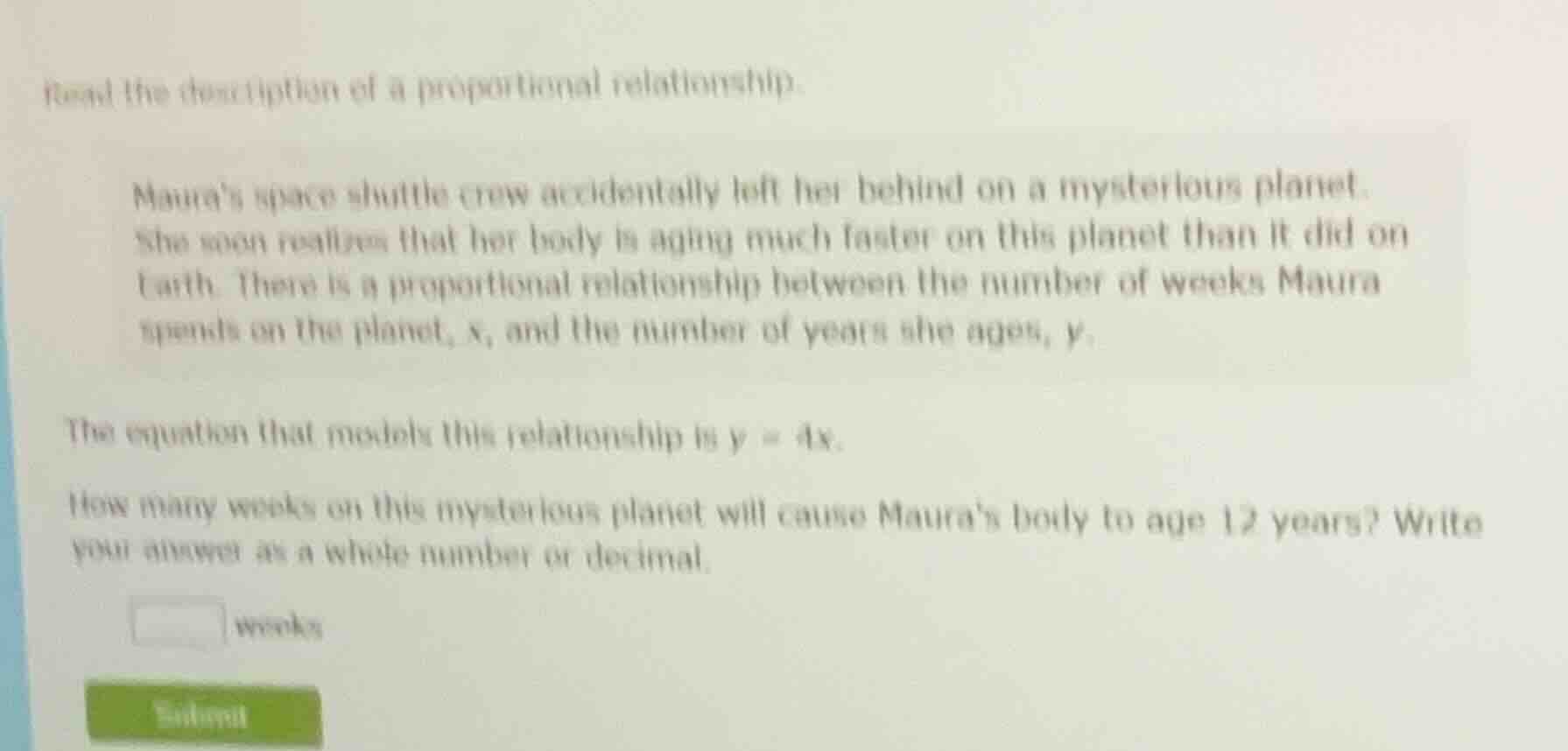 read the description of a proportional relationship. maura’s space shut…