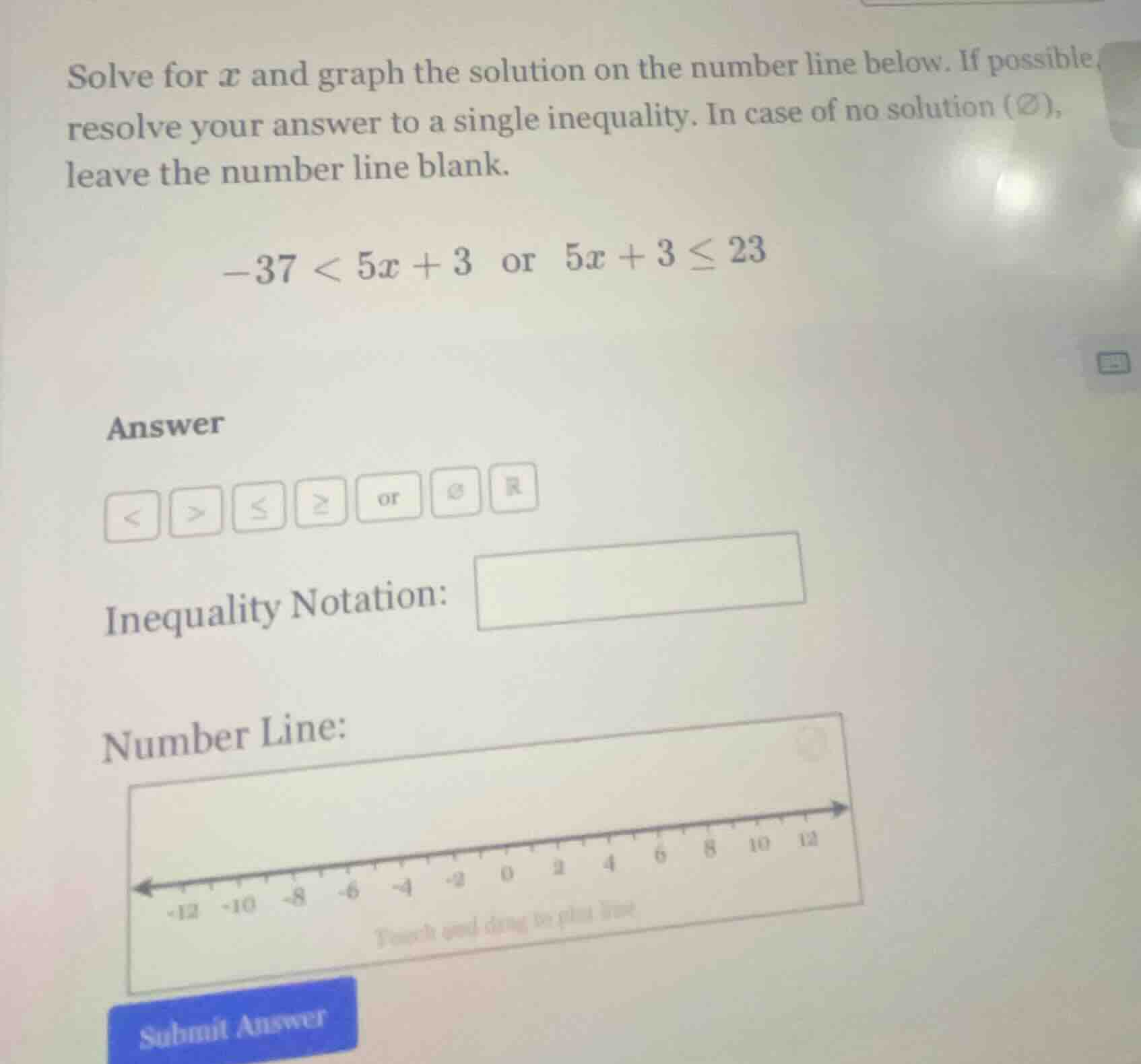 solve for ( x ) and graph the solution on the number line below. if pos…