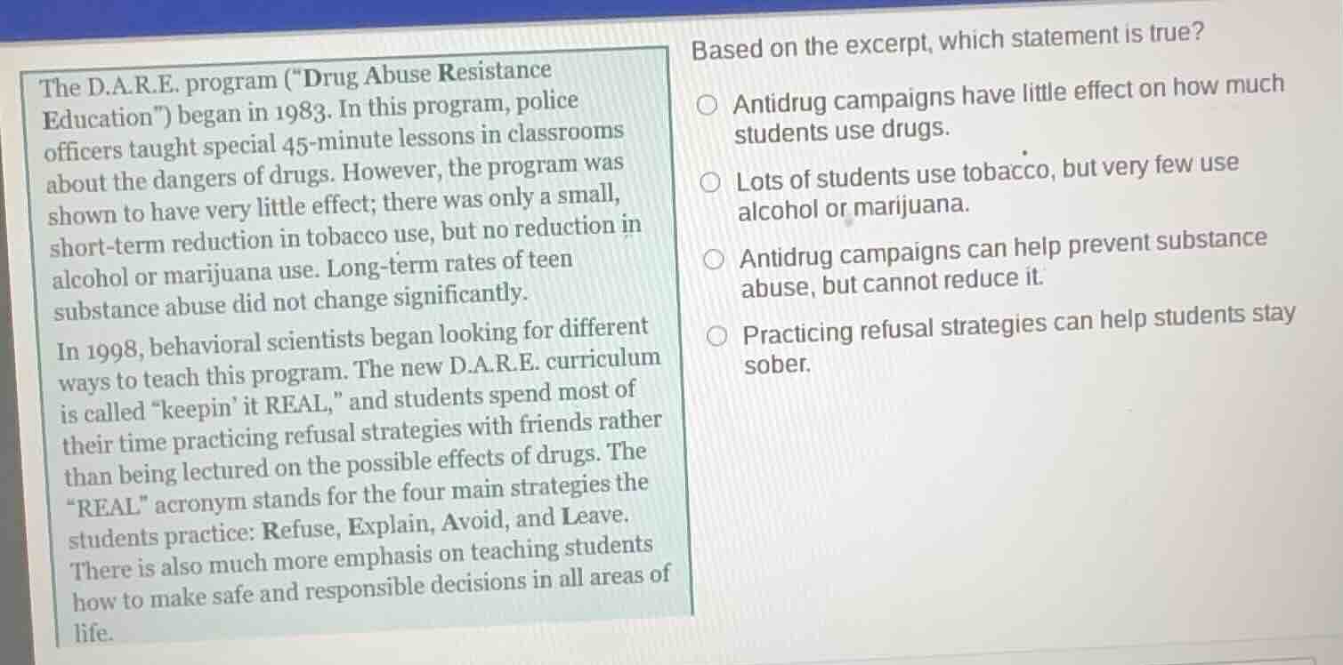 the d.a.r.e. program (\drug abuse resistance education\) began in 1983.…
