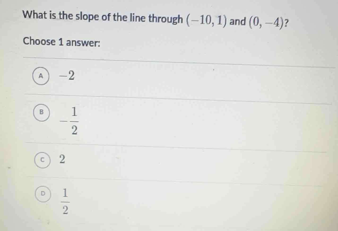 what is the slope of the line through $(-10, 1)$ and $(0, -4)$? choose …