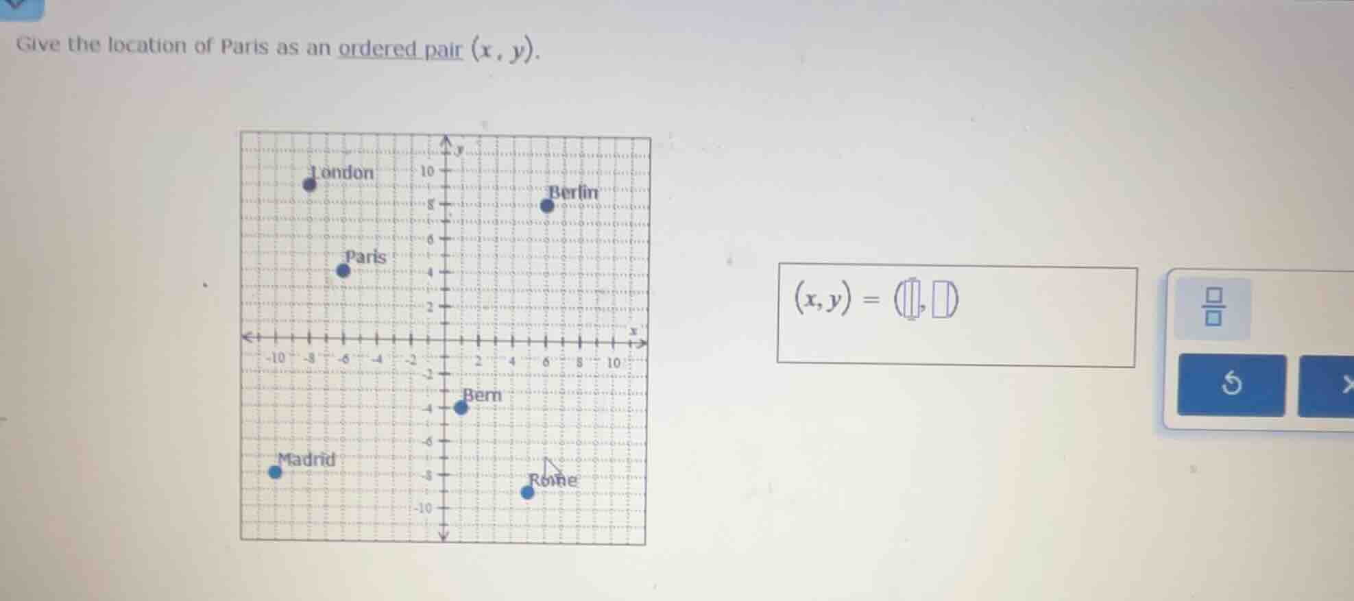 give the location of paris as an ordered pair (x, y).