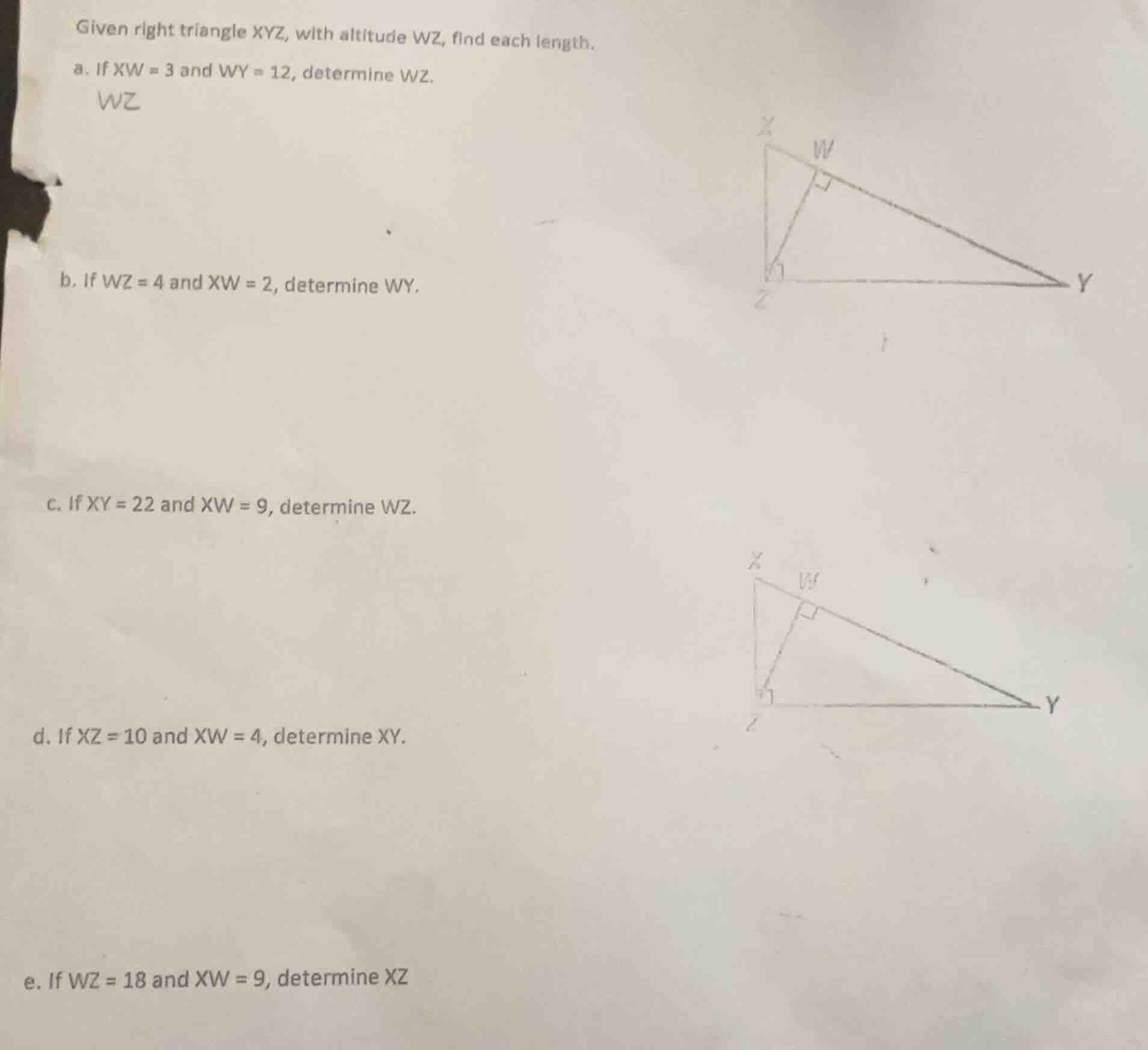 given right triangle xyz, with altitude wz, find each length. a. if xw …