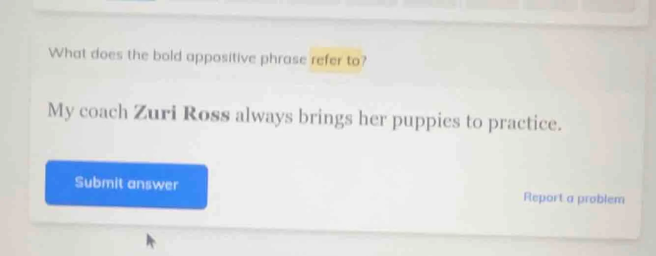 what does the bold appositive phrase refer to? my coach zuri ross alway…