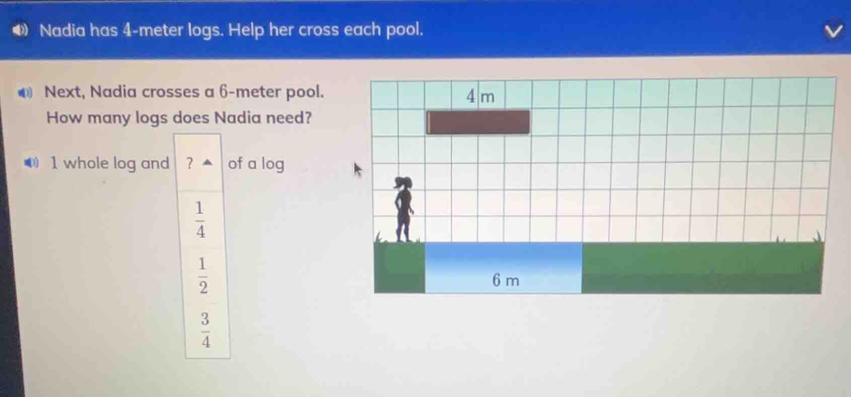 nadia has 4 - meter logs. help her cross each pool. next, nadia crosses…