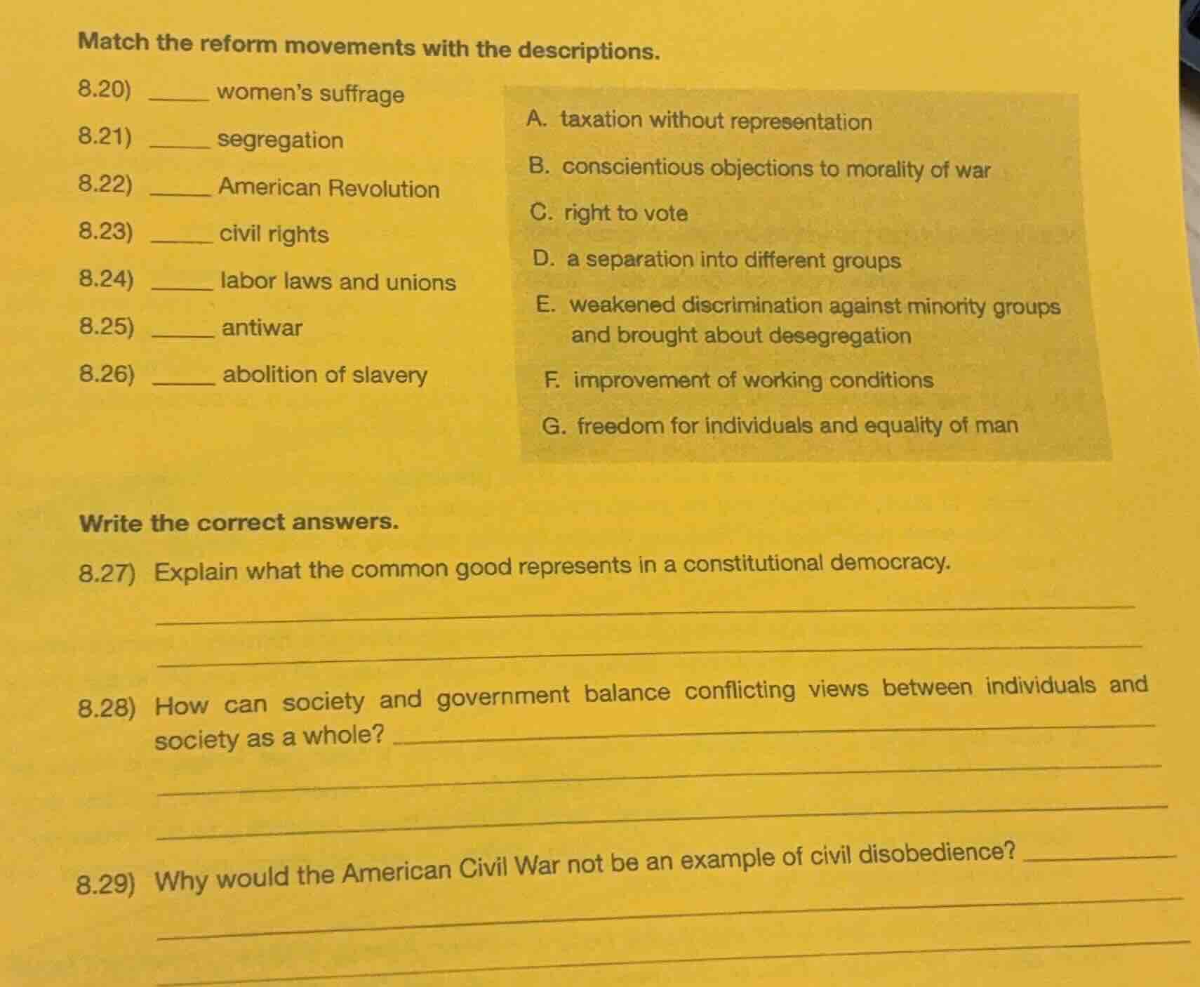 match the reform movements with the descriptions. 8.20) ______ womens s…