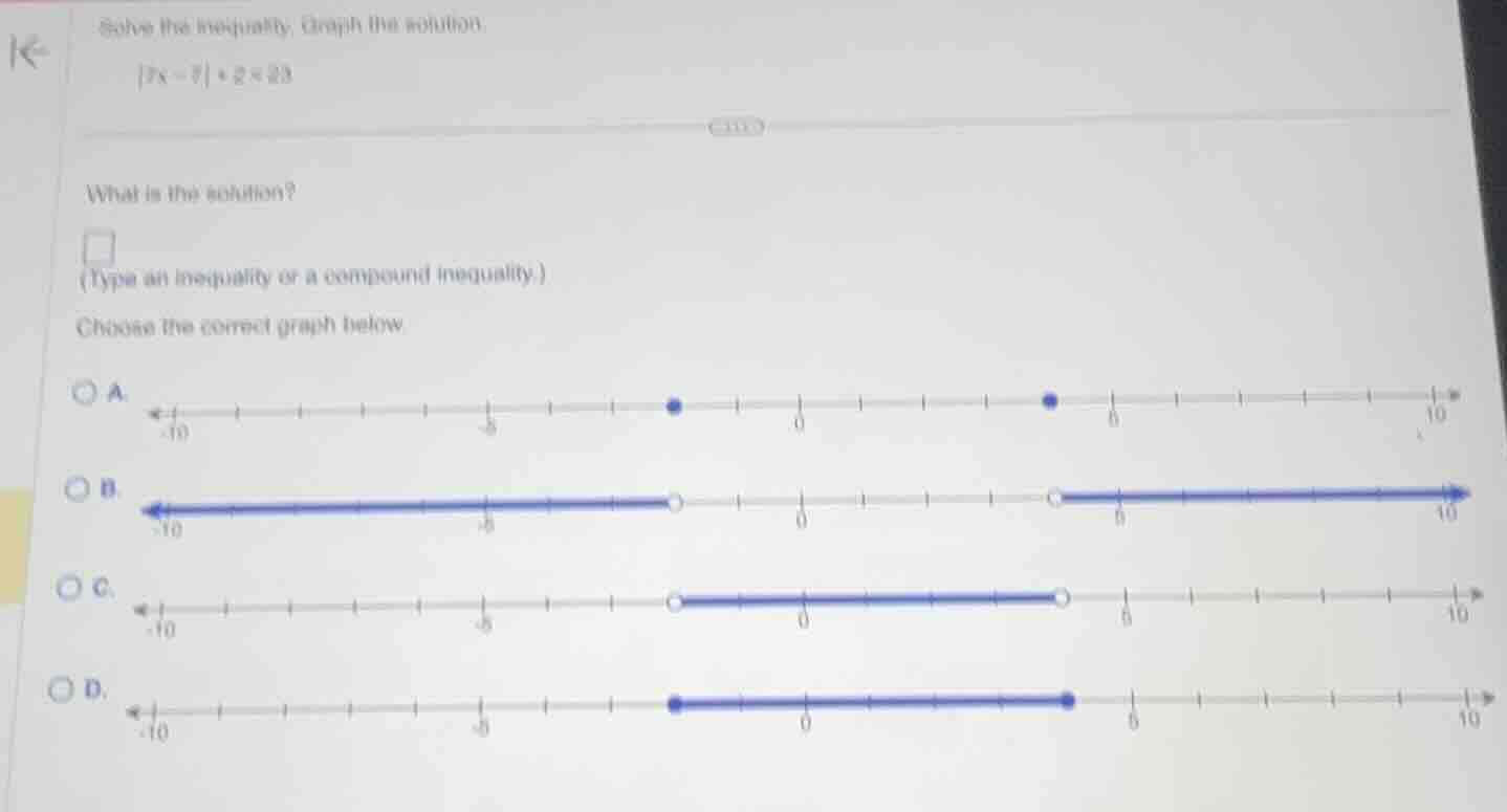 solve the inequality. graph the solution. |7x - 7| + 2 < 23 what is the…
