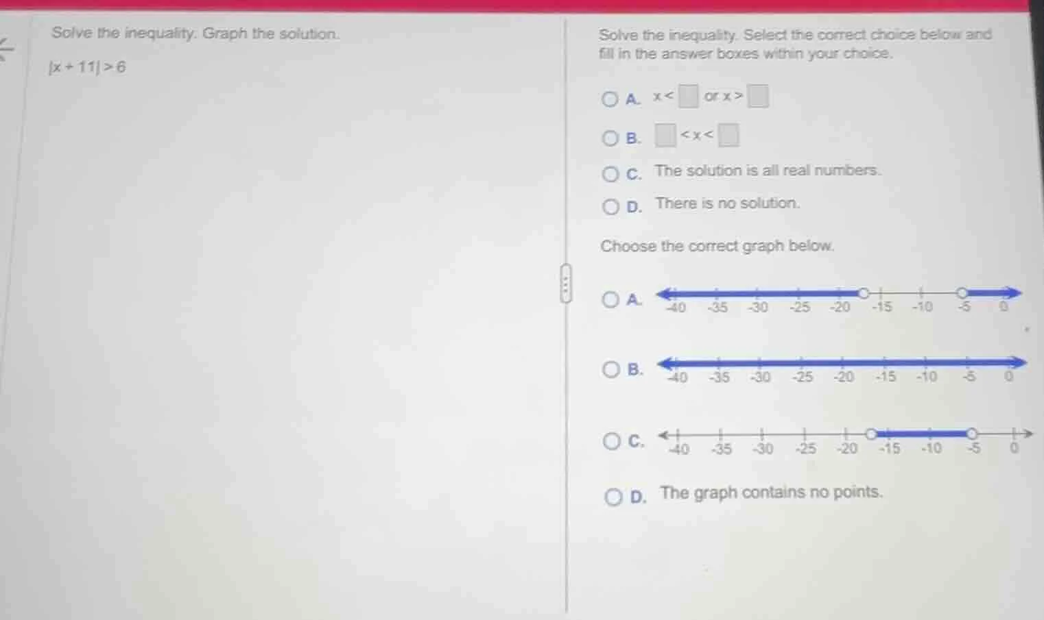 solve the inequality. graph the solution.\\(|x + 11| > 6\\)\ solve the …