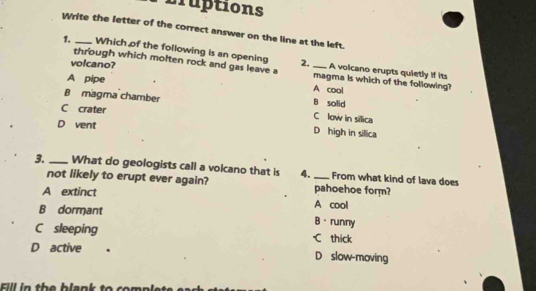 eruptions write the letter of the correct answer on the line at the lef…