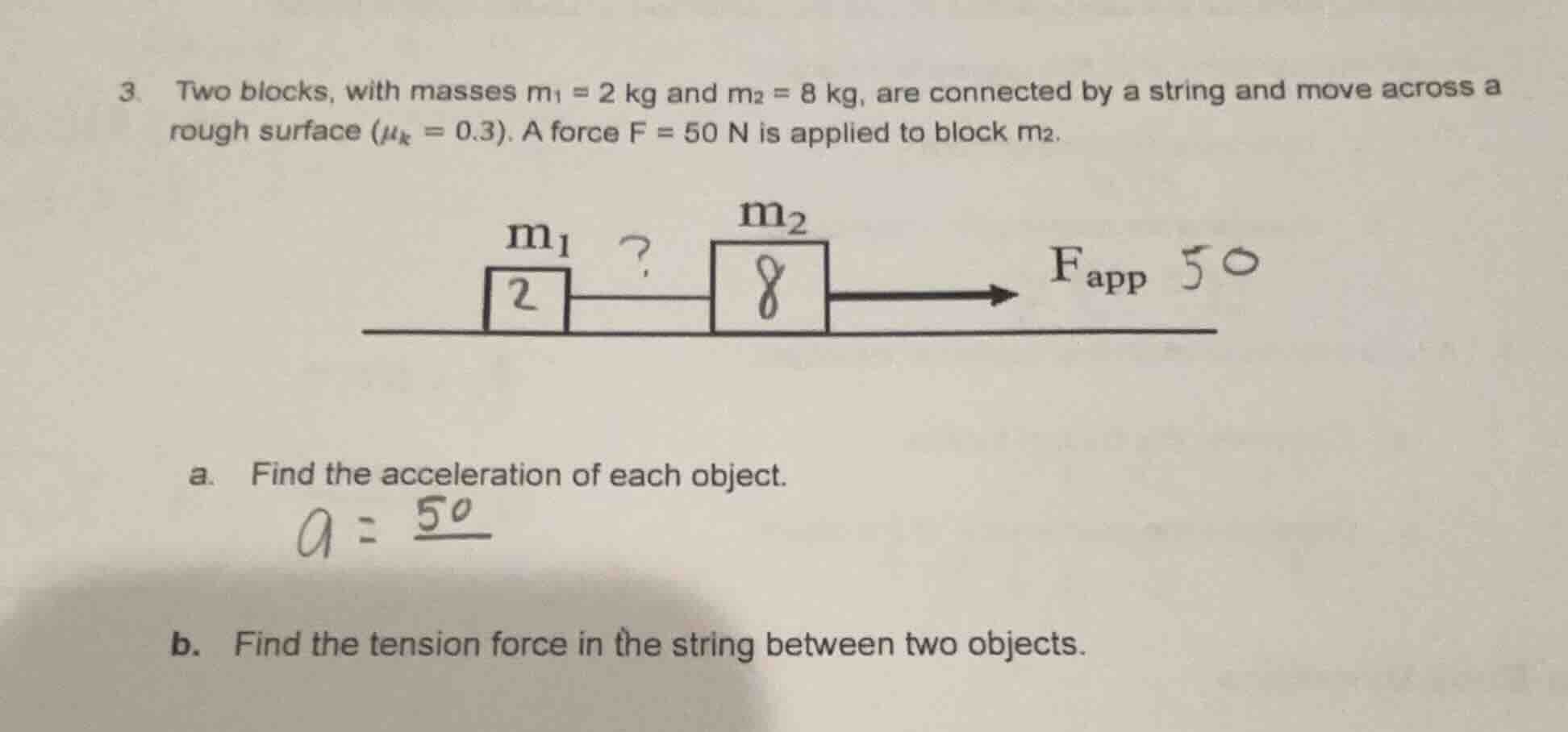 3. two blocks, with masses ( m_1 = 2 ) kg and ( m_2 = 8 ) kg, are conne…