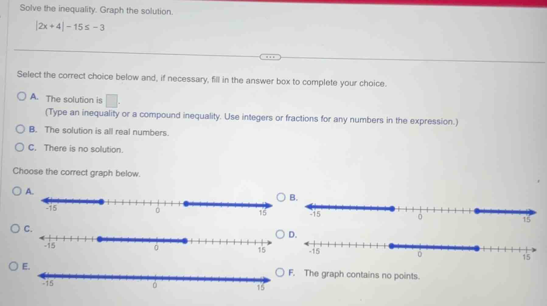 solve the inequality. graph the solution.\\(|2x + 4| - 15 \\leq -3\\)\\…