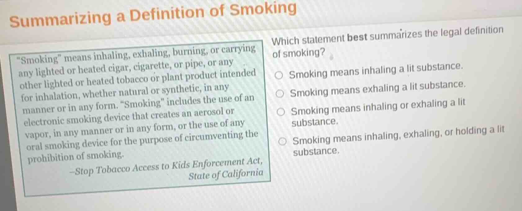 summarizing a definition of smoking \smoking\ means inhaling, exhaling,…
