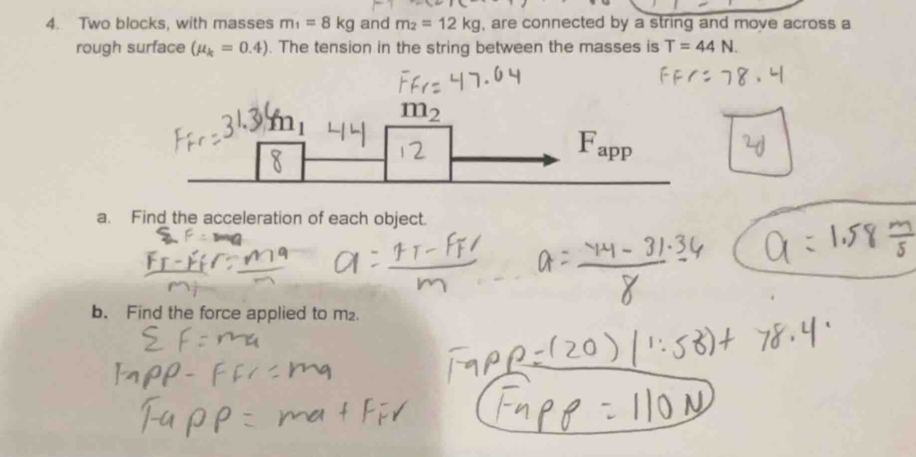 4. two blocks, with masses ( m_1 = 8 , \text{kg} ) and ( m_2 = 12 , \te…