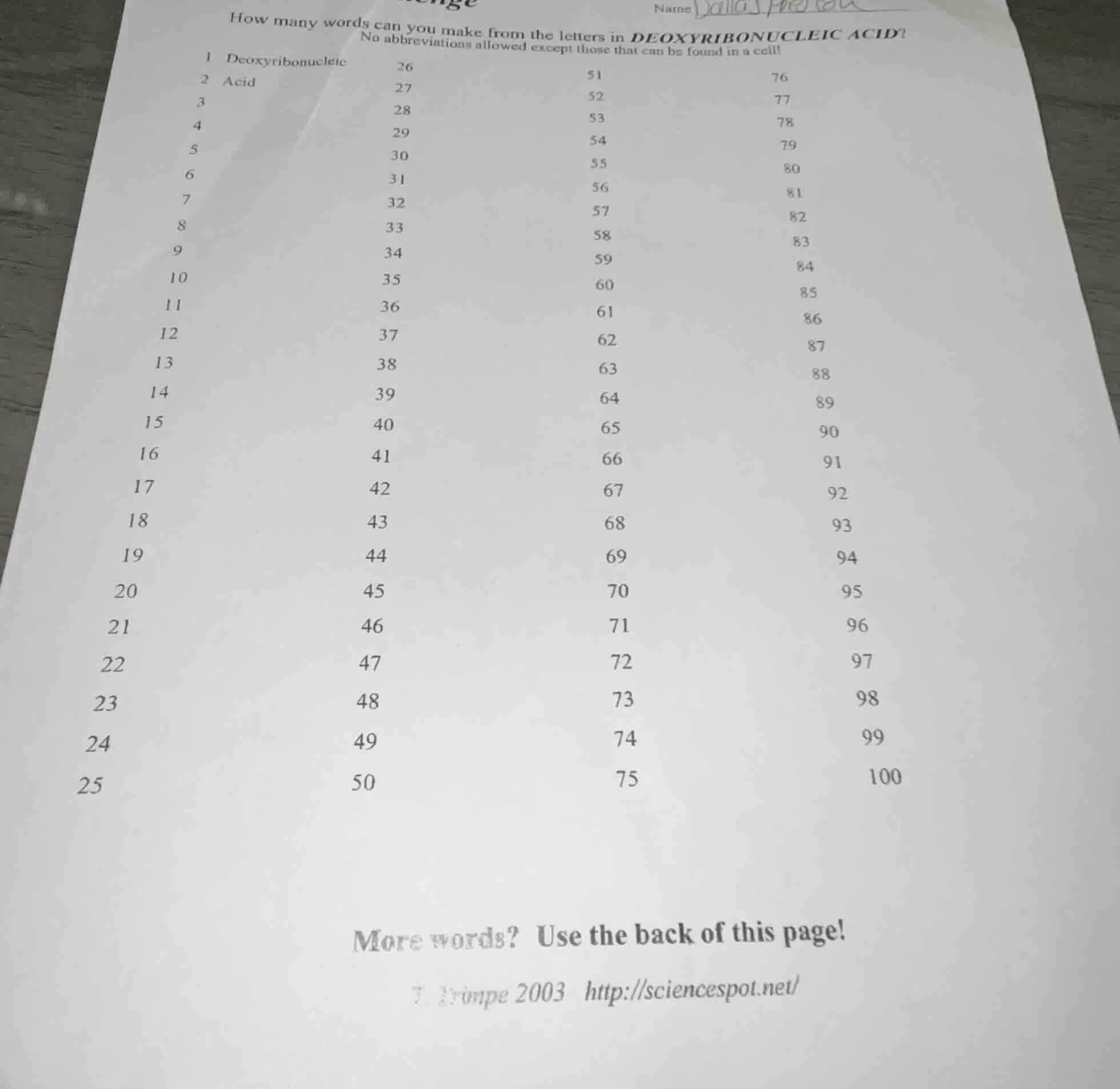 how many words can you make from the letters in deoxyribonucleic acid? …
