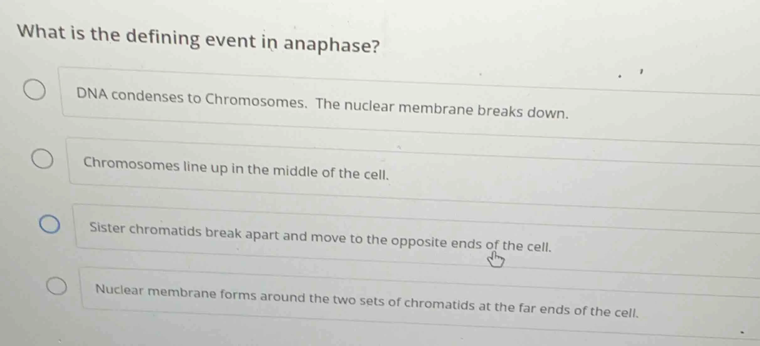 what is the defining event in anaphase? - dna condenses to chromosomes.…