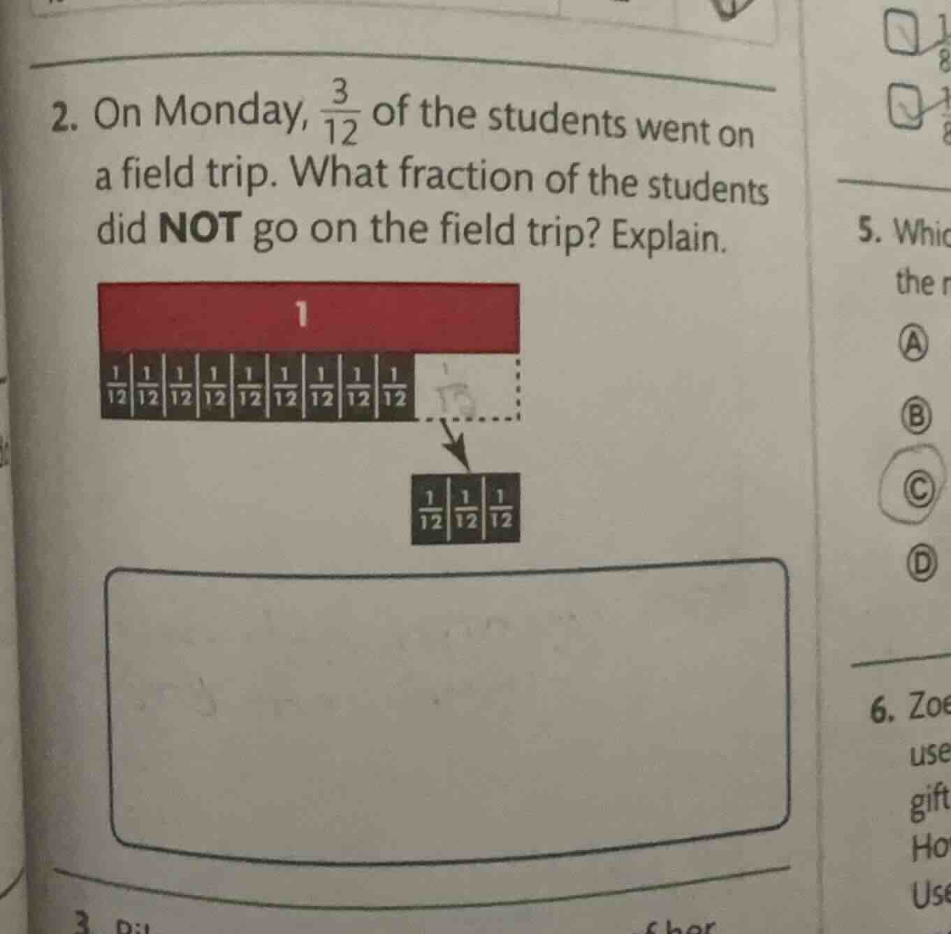 2. on monday, \\(\\frac{3}{12}\\) of the students went on a field trip.…