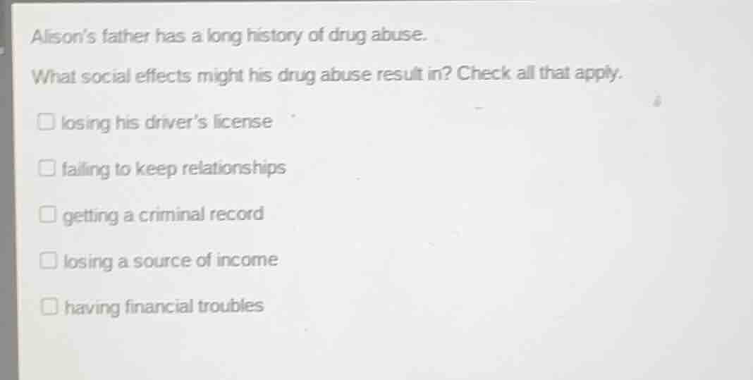 alison’s father has a long history of drug abuse. what social effects m…