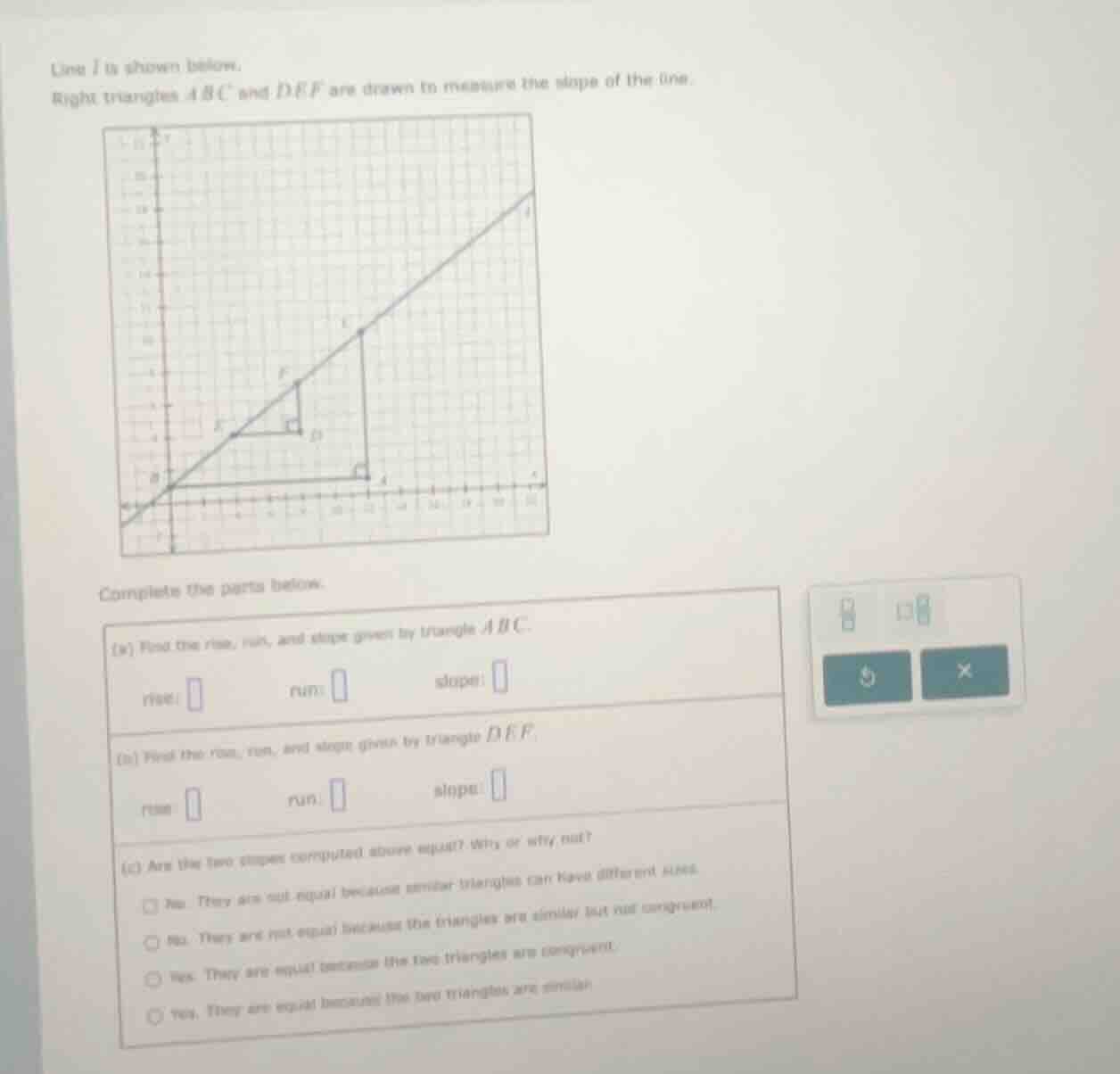 line ( l ) is shown below. right triangles ( abc ) and ( def ) are draw…