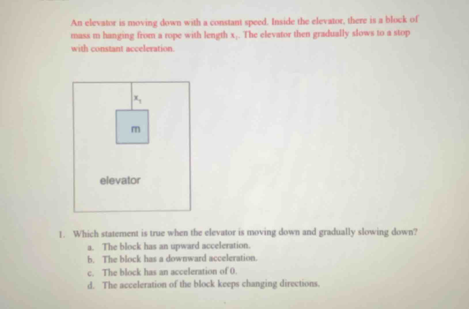 an elevator is moving down with a constant speed. inside the elevator, …