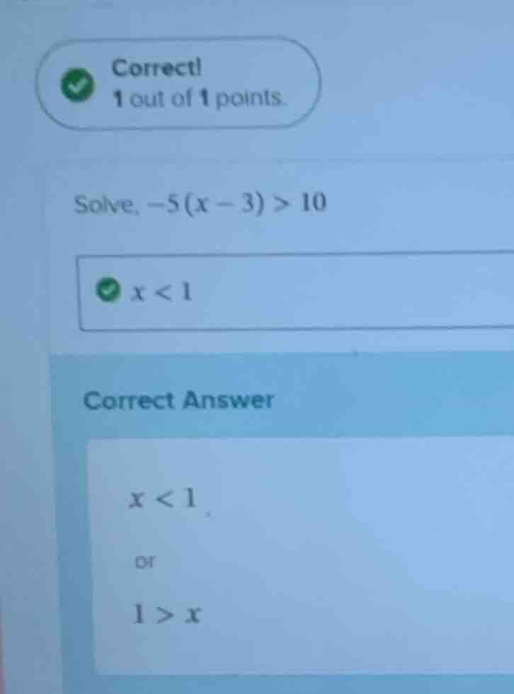 solve, $-5(x - 3) > 10$