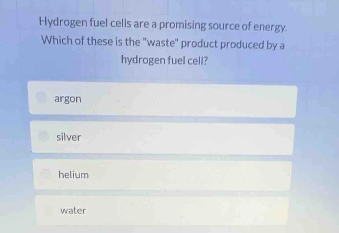 hydrogen fuel cells are a promising source of energy. which of these is…
