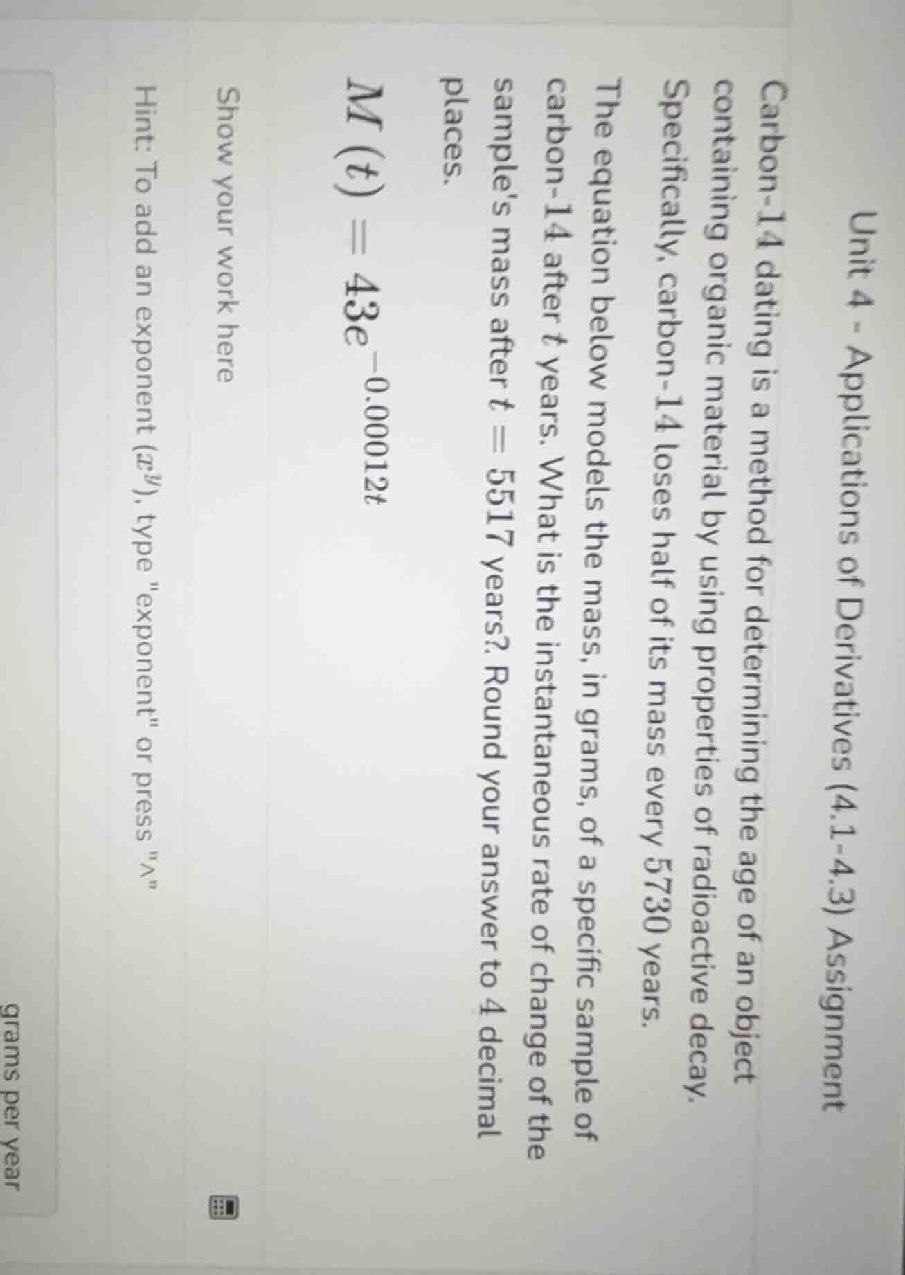 unit 4 - applications of derivatives (4.1-4.3) assignment carbon-14 dat…