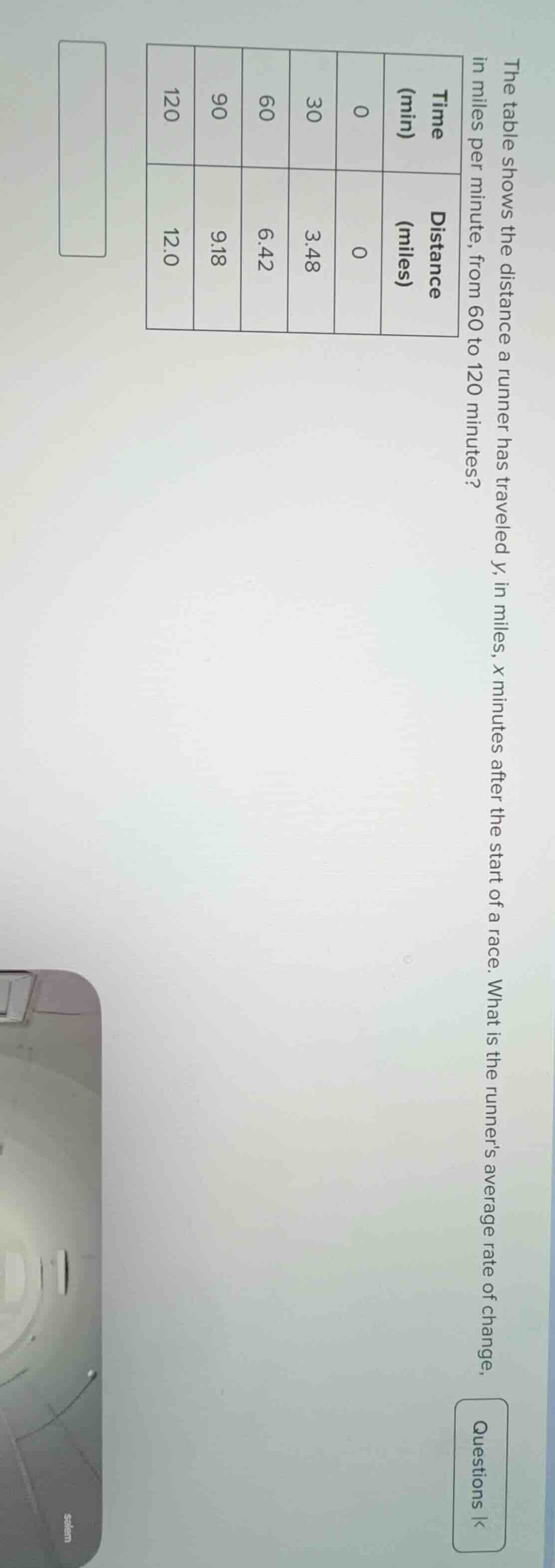 the table shows the distance a runner has traveled y, in miles, x minut…