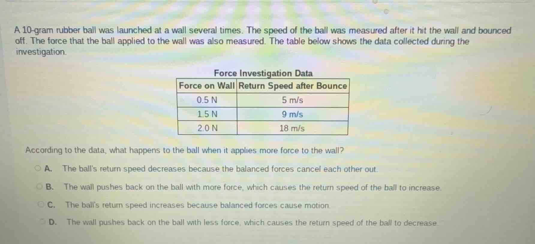 a 10-gram rubber ball was launched at a wall several times. the speed o…