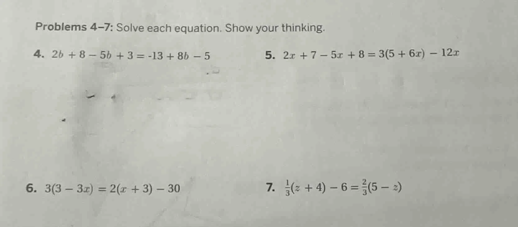 problems 4–7: solve each equation. show your thinking. 4. $2b + 8 - 5b …