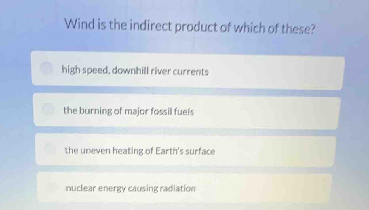 wind is the indirect product of which of these? high speed, downhill ri…