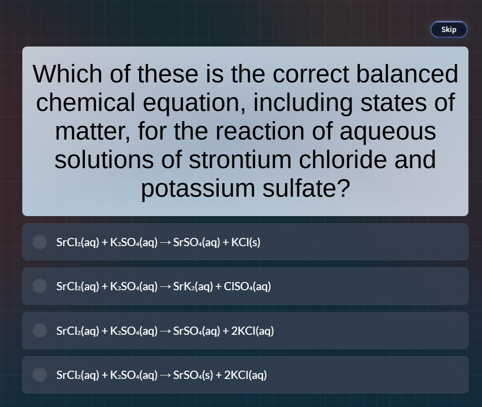 which of these is the correct balanced chemical equation, including sta…